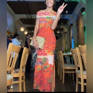 New Zara this over-the-shoulder maxi
Print Dress with Tulle